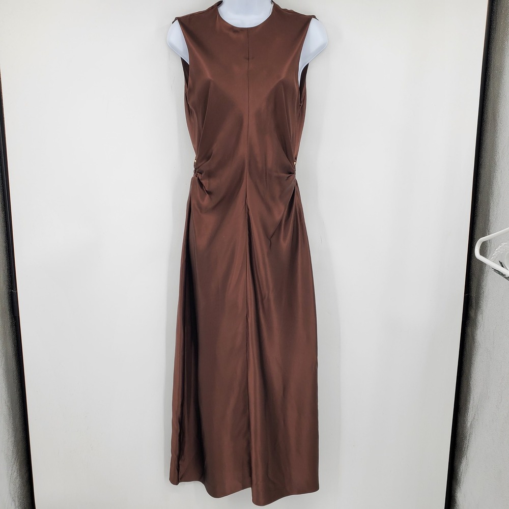 LILYSILK Chocolate Brown 100% Mulberry Silk Side Cut-Out Maxi Dress US 4 Scandi